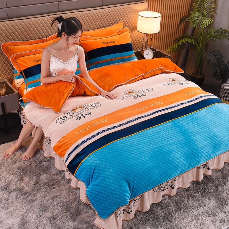 Thickened Milk Velvet Four-piece Set, Flannel Sheets and Quilt Cover, Coral Velvet Three-piece Bedding Set