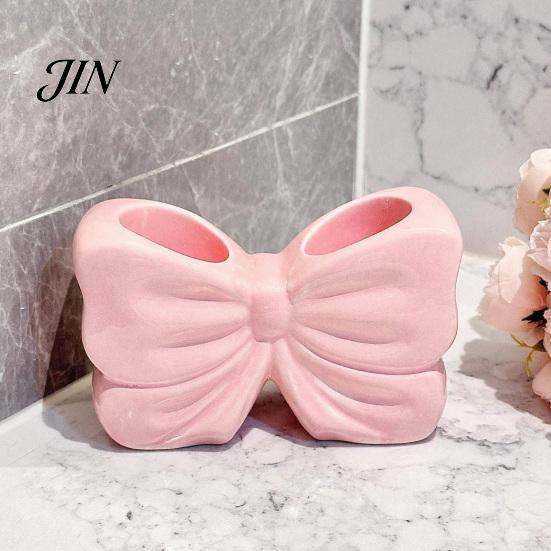 Double Hole Bathroom Holder 3D Printed Bow Toothbrush Holder, Adhesive Cup with Dual Holes for Toothpaste Storage Rack & Toothpaste, Cute Organizer