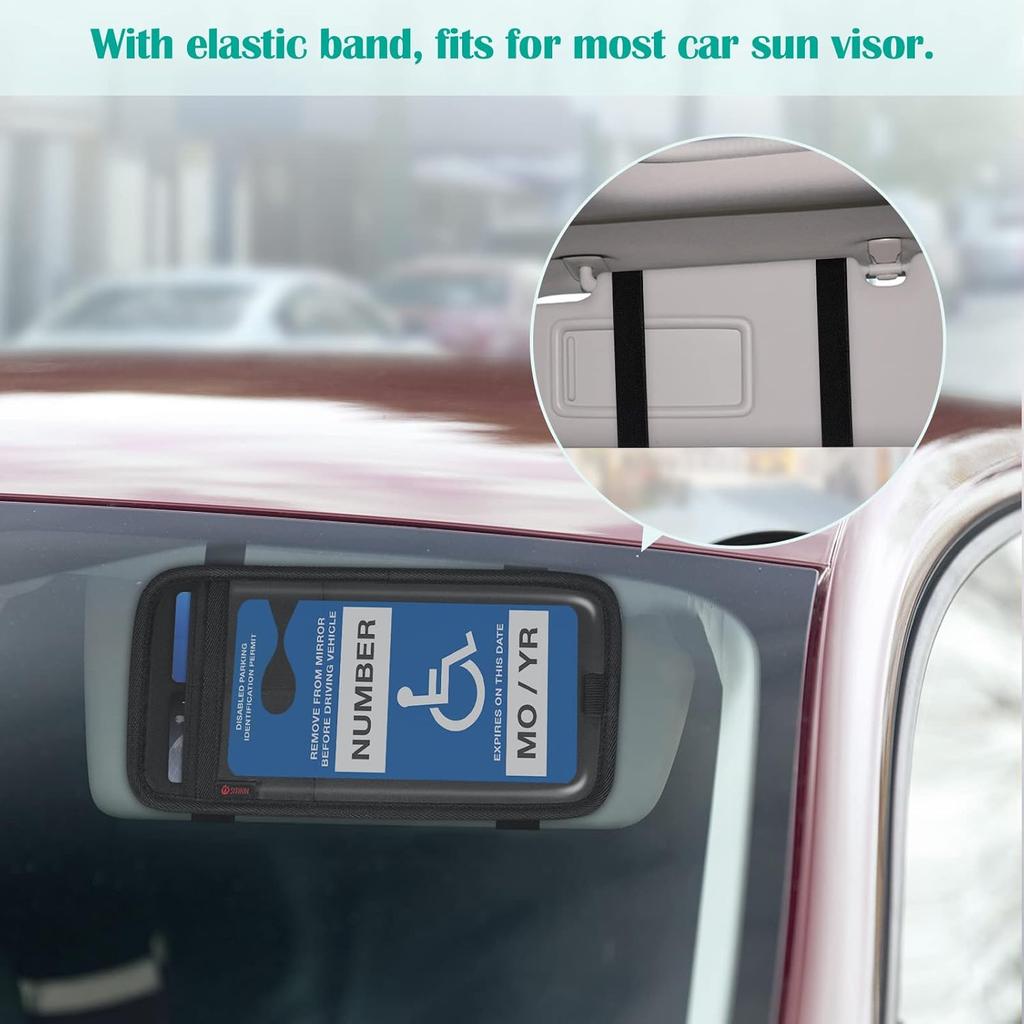 SITHON Handicap Placard Holder For Car Visor, Disabled Parking Permit Sign Protector With Pen Holder, Card Slots And Elastic Strap, Black