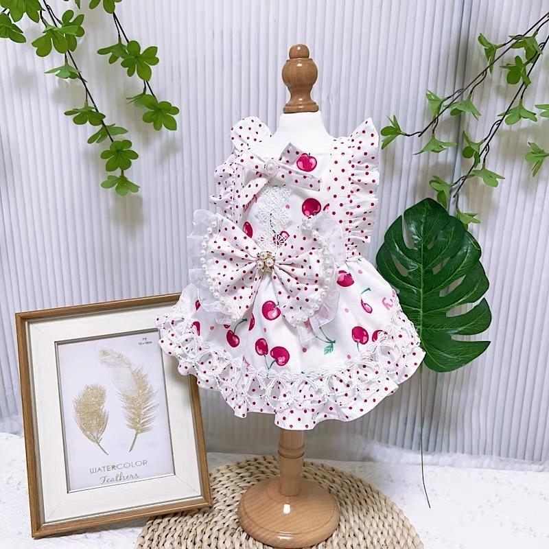 Autumn Winter Puppy Home Wear Skirt Clothing Simple Cute Red Cherry Print Princess Dress For Small Medium Dog Cotton Pet Clothes