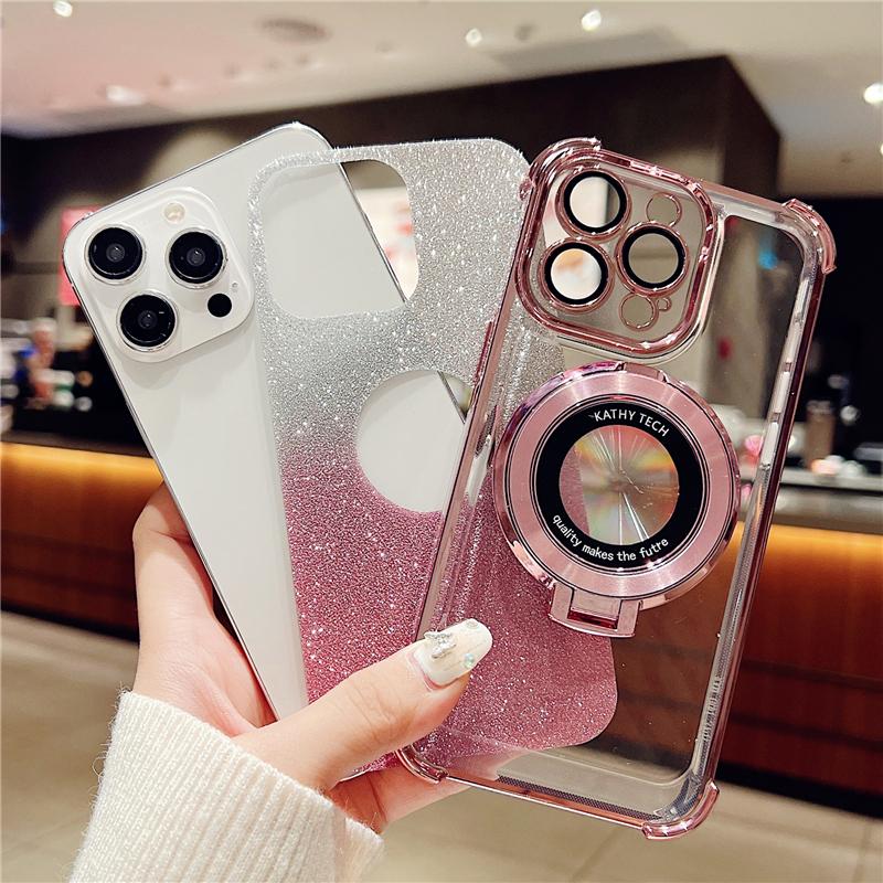 For iPhone 15 Pro Max Luxury Plating Magsafe Magnetic Stand Flash Phone Case For iPhone 11 12 13 14 16Plus Lens Protective Cover