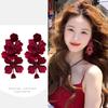 Fabric Rose Flower Fringed Earrings Retro Exaggerated Temperament Earrings Fashion Light Luxury Atmosphere Earrings