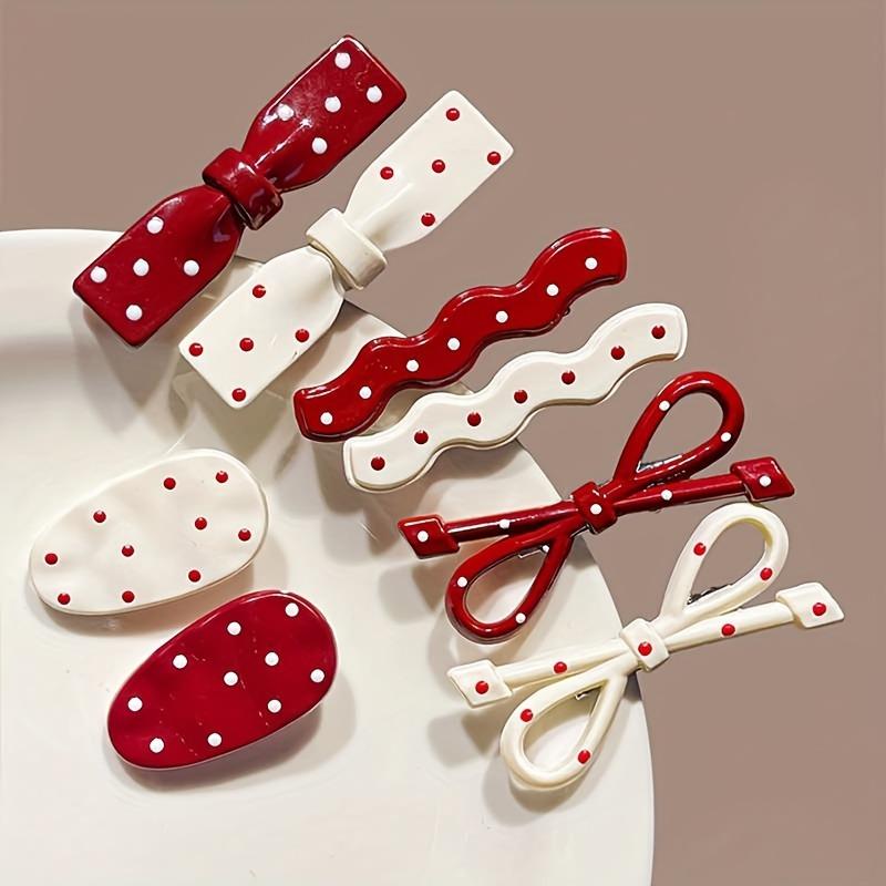 Set of 6 Vintage Red Polka Dot Hair Clips with Sweet Bow Design, Suitable for Bangs And Side Hair, Cute Korean Style Hairpins for Women