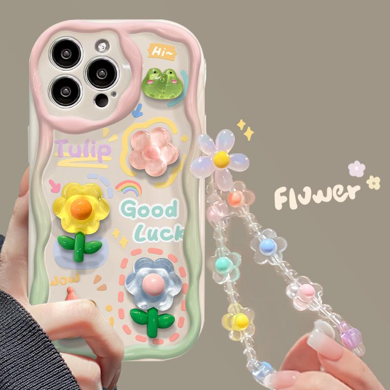 Подходит для чехла на мобильный телефон Apple 14PROMAX iPhone13 кремовый чехол 17 цветок трехмерная кукла цепочка противоударный 16