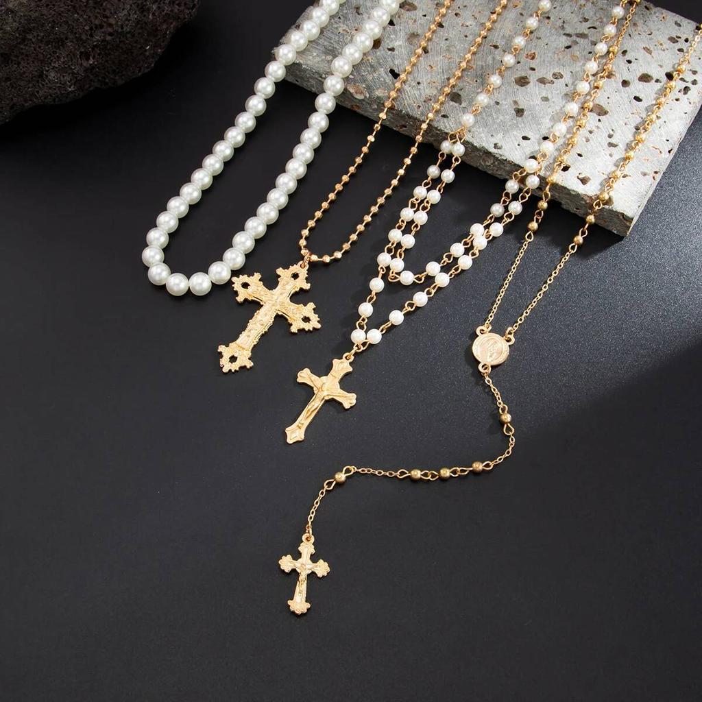 Lacteo 4 Pcs/Set Bohemia Imitation Pearl Choker Necklace Women Vintage Creative Gold Color Cross Pendant Necklace Charm Jewelry