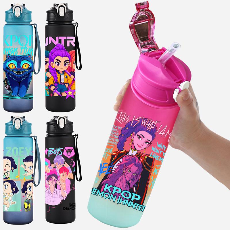 750Ml Water Bottler K-Pop Demon Hunters Printed Character Water Cup Large Capacity Outdoor Portable Rope Drinking Bottle for Boy Girl Gift