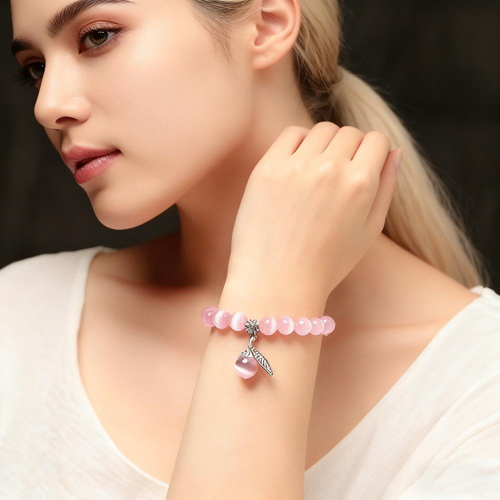 National Style Buddha Bead Bracelet with Cat's Eye Stone for Women, Fashion Lady Crystal Jewelry