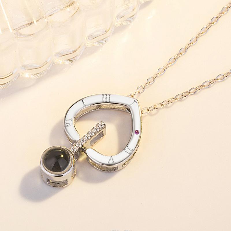 Heart Shaped Necklace 925 Sterling Silver Nano Micro Carved Projection Heart Pendant Rose Gold 100 Languages Necklace