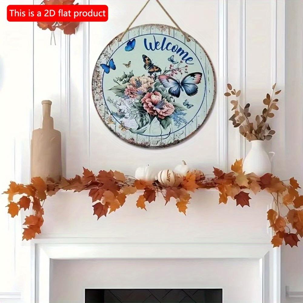 Vintage Welcome Flower Plant Sign, Round Wooden Wreath Sign for Home Room Farmhouse Porch Bar Cafe Wall Decor, Gift for Friends