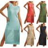 Women's Swimsuit Cover Up Crochet Knit Dresses Long Sleeveless Crewneck Swimwear Dress Side Split Beach Midi Dress