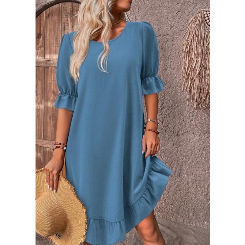 Solid Color Half Sleeve Dress, Casual Crew Neck Dress For Spring, Women's Clothing