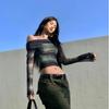 Модная ретро футболка с tie-dye, для горячих девушек, с одним плечом, с длинным рукавом, на шнурке