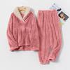 Ladies' Casual And Comfortable Round Neck Warm And Plush Home Clothes Cardigan Sleepwear And Pants Set