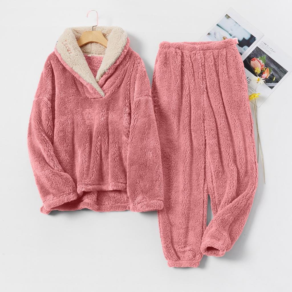 Ladies' Casual And Comfortable Round Neck Warm And Plush Home Clothes Cardigan Sleepwear And Pants Set