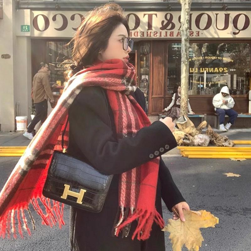 Korean Style Women's Red Plaid Winter Scarf - Warm & Thick Shawl