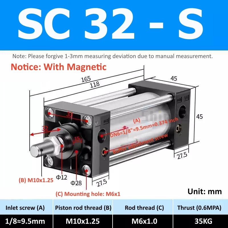 SC Standard Air Cylinder SC32/40/50/63mm Bore Small With Magnetic Pneumatic Cylinder Piston 25/50/75/100/150/200/250mm Stroke
