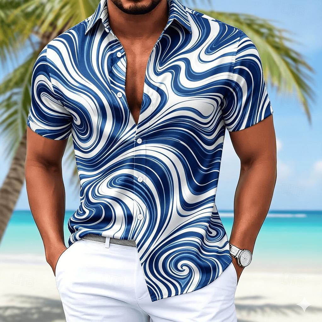Men's Beige Vintage Ginkgo Leaf Print Short Sleeve Shirt, Casual Botanical Button Down for Spring & Summer