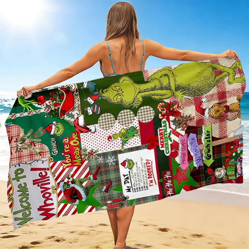 1Pc Christmas Grinch Whoville Decorations Beach Towel, Quick Dry, Multi-Use for Beach Pool Gym Yoga Home Travel, Christmas, Halloween, Xmas Gift S650