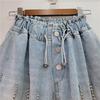 Women Shorts Jeans Wide Leg Short Pants Elastic Waist Button Diamonds Vintage Washed Distressed Summer Streetwear Denims