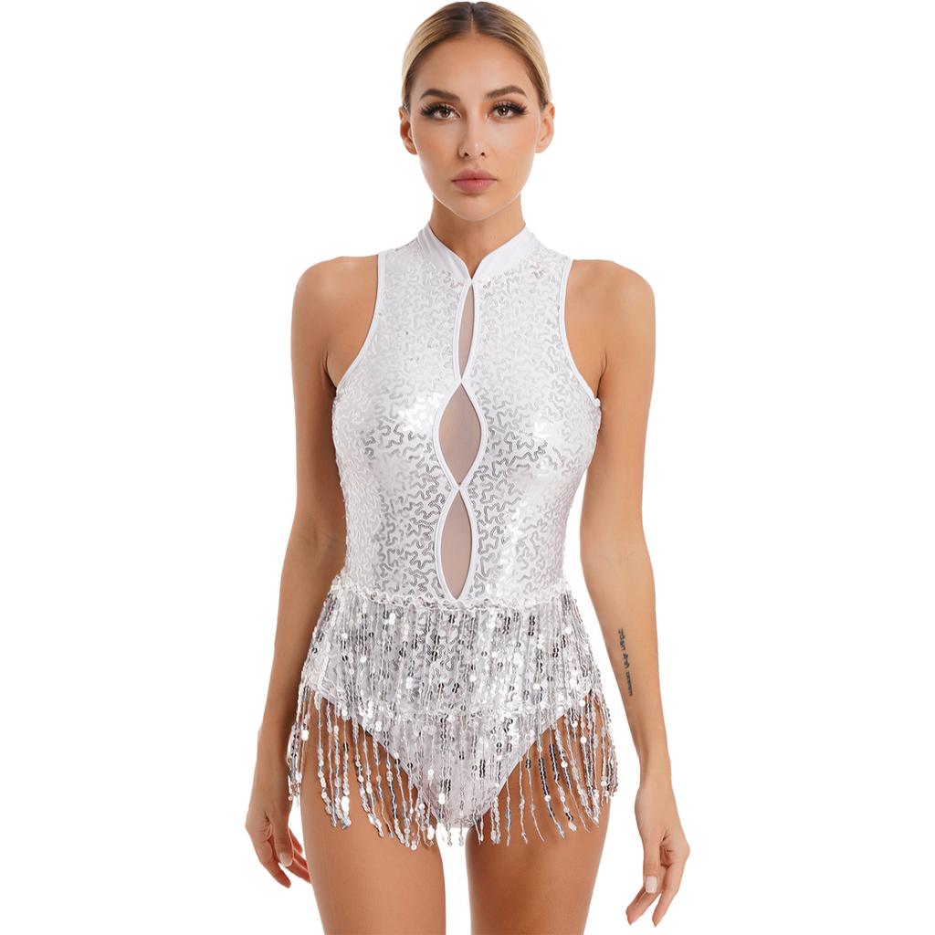 Women's Shiny Sequins Tassel Latin Jazz Dance Leotard Backless Fringed Bodysuit Lyrical Dance Costume