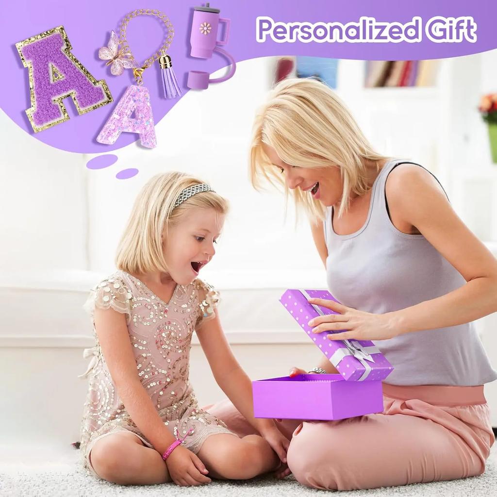 8PCS Accessories Set for Cup Purple 30oz 40oz tumbler Silicone Straw Topper Cover Cap Boot Handle Charm Initials Sticker