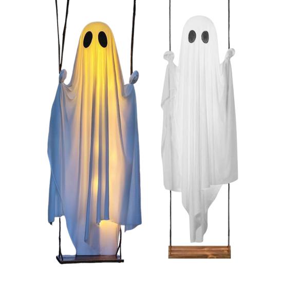5 футов Большая Подвесная Качель Призрак Хэллоуин Декор Светодиодная Подсветка Уличные Качели Белый Призрак для Веранды Двора Сада Дерева Декор