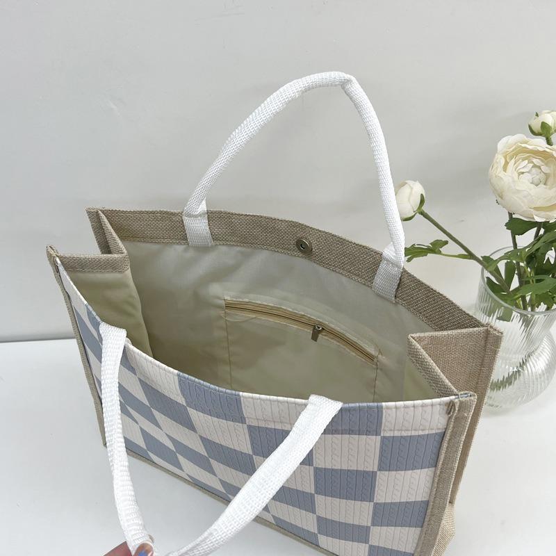 Льняная клетчатая сумка, большая вместительная клетчатая сумка для покупок, простая модная женская сумка через плечо