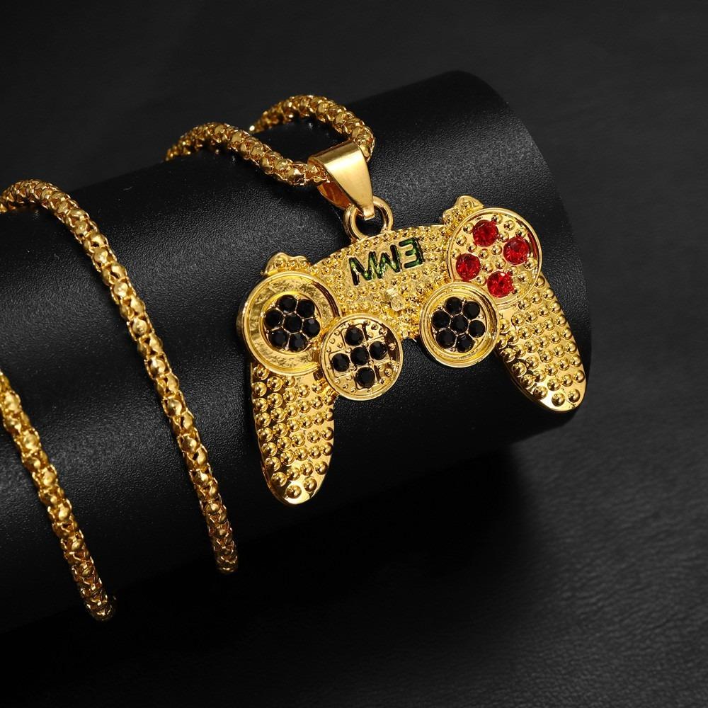 Game Controller Pendant Necklace Set, Hip Hop Style Party-Ready Gaming Zircon Accessories Holiday Gift Idea