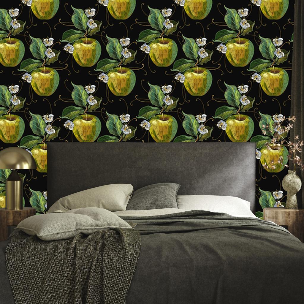 Apples with leaves and flowers wallpaper for living room and bedroom 50x1000