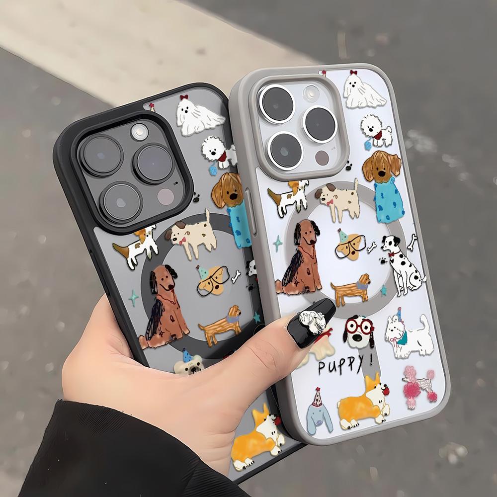 Милый Мультяшный Щенок Собака Магнитный Чехол для Телефона Для iPhone 17 Pro Чехол iPhone 16 13 11 12 14 15 Pro Max Матовый Прозрачный Ударопрочный Чехол