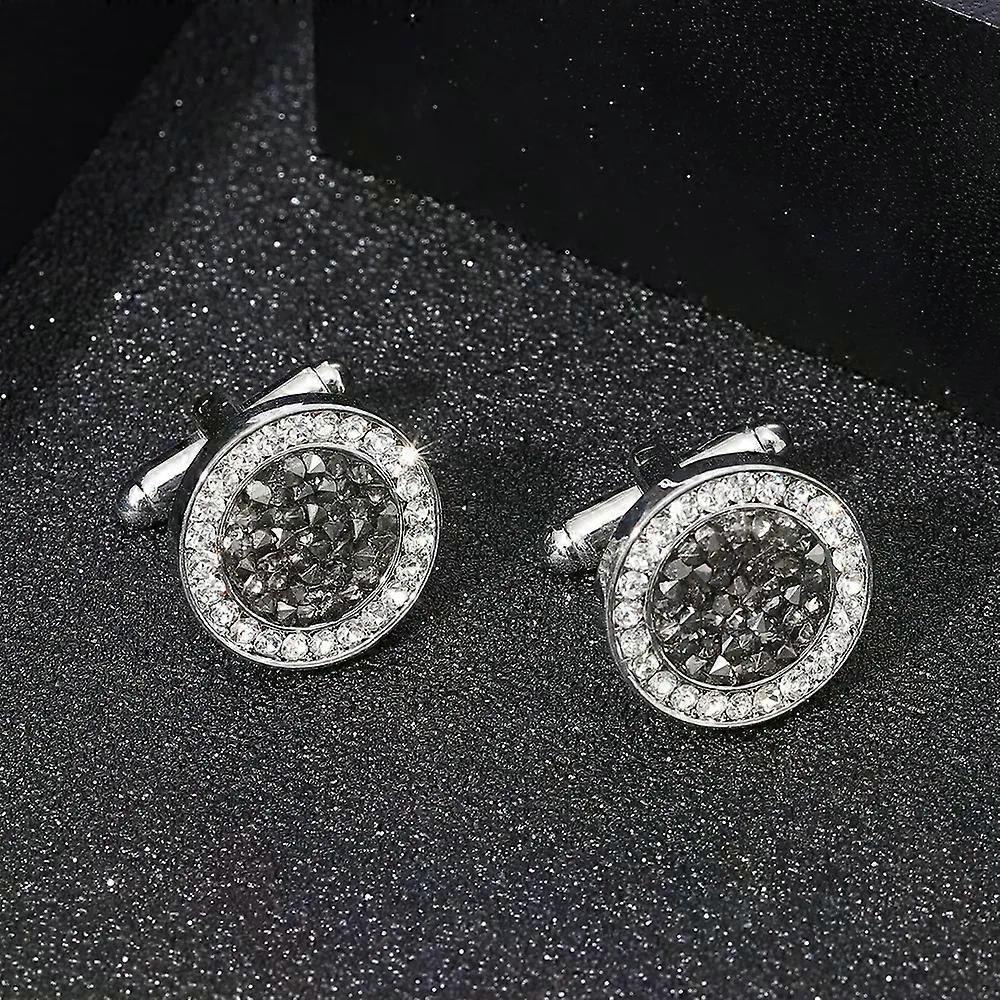 2 Pcs /Set New High-end Fashion Mens Shirts Crystal Cufflinks Luxury Design Silvery Round Blue Rhinestone Cuff Links