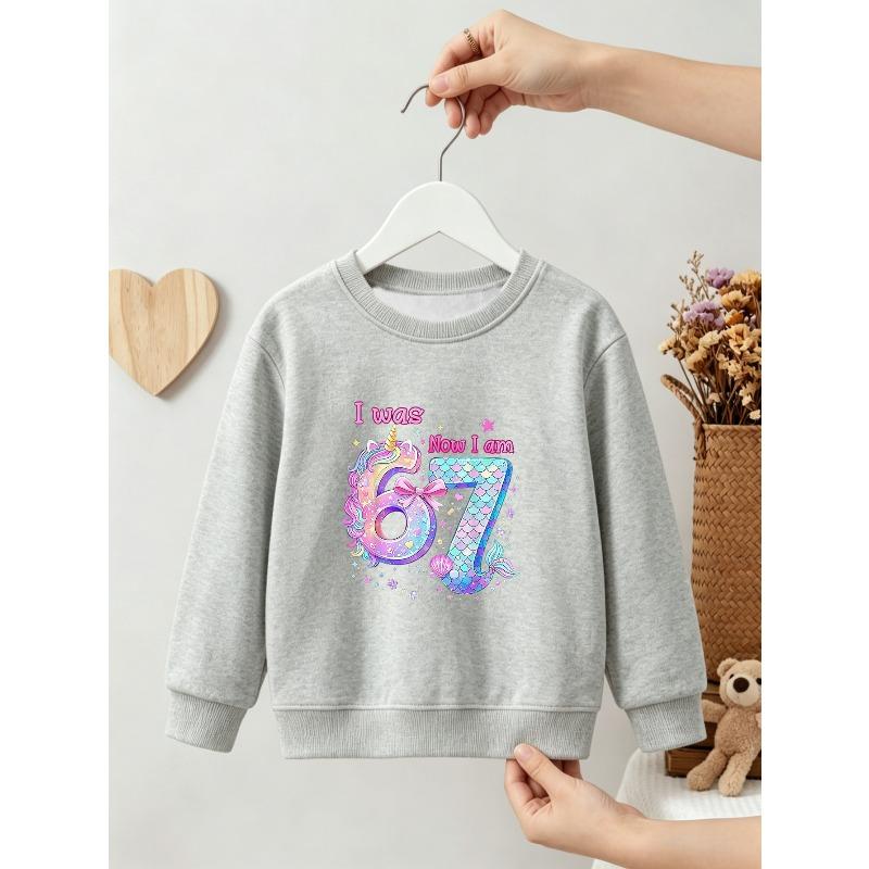 Girl's Round Neck Sweatshirt, 7th Birthday Themed Girls' Sweatshirt Apparel, Dreamy Gradient Number Mermaid Unicorn