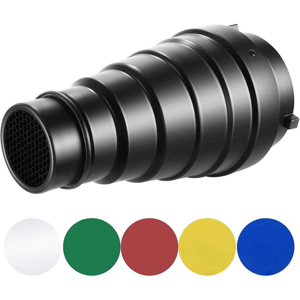 Neewer Conical Snoot Kit, Medium Size, Aluminum Alloy, with Honeycomb Grid and 5 Color Gel Filters, Compatible with Bowens Mount Studio Strobe Monolig