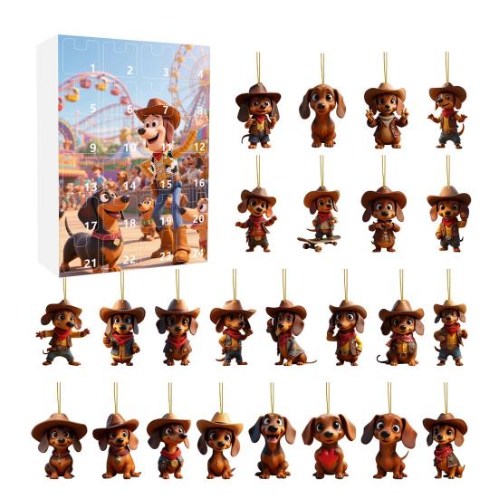 Календарь ожидания Рождества с собакой таксой 2025 24 дня Календарь обратного отсчета до Рождества с 2D акриловыми подвесными украшениями в виде таксы для декора елки
