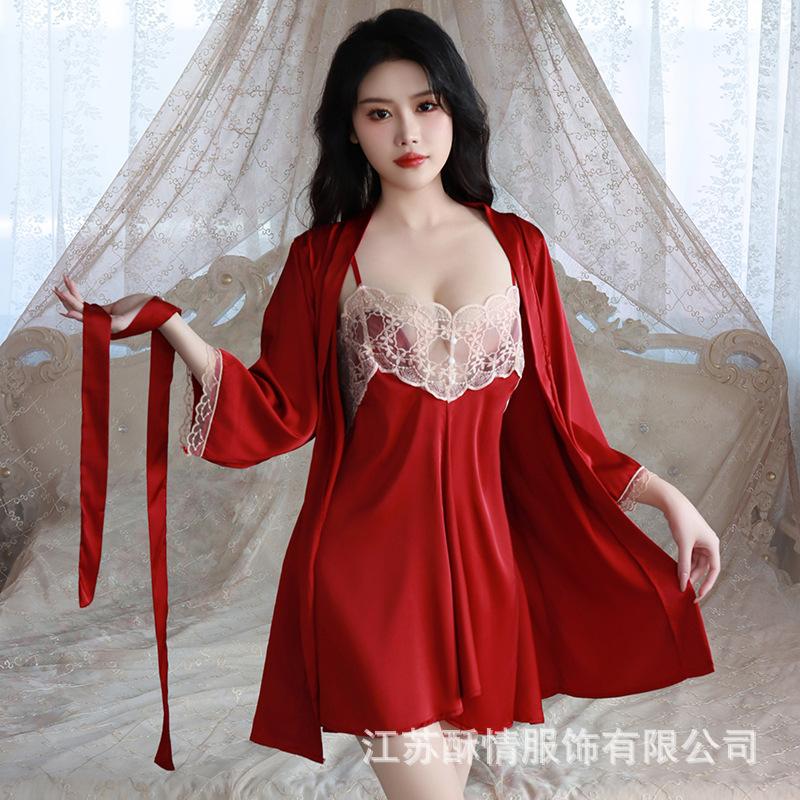 Crispy new spring and summer comfortable pajamas backless sweet embroidered lace suspender pajamas women's cardigan loungewear set
