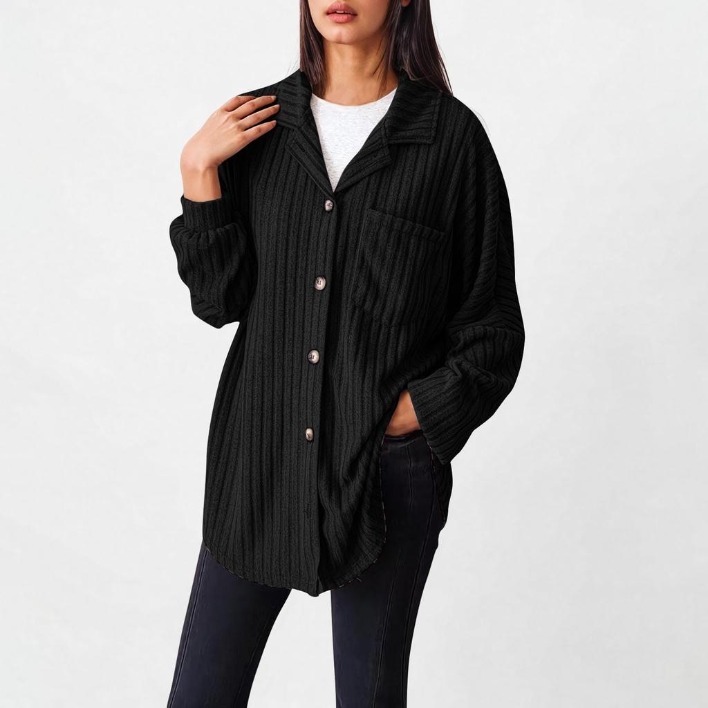 Women's Loose Fit Sleeve Ribbed Knit Button Down Shirt Shacket Boyfriend Shirt Jackets Tops