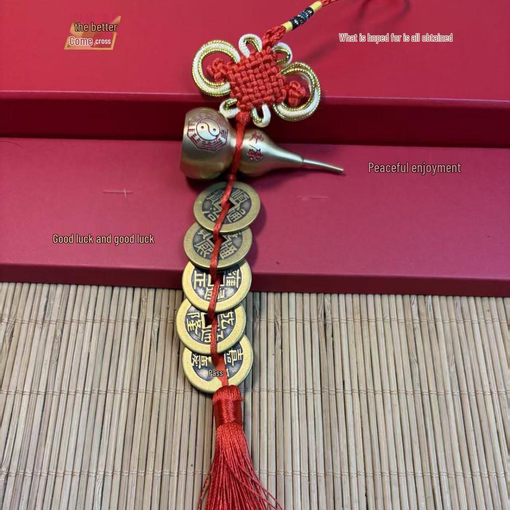 Brass Prosperity Gourd with Five Emperor Coins: Attract Wealth, Ward Off Evil, Auspicious Knot Pendant