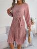 Round Neck Print Flower Dress Waist Hugging  Elegant Pleated Dress for Women Long Sleeve Loose Dresses Causal Dress