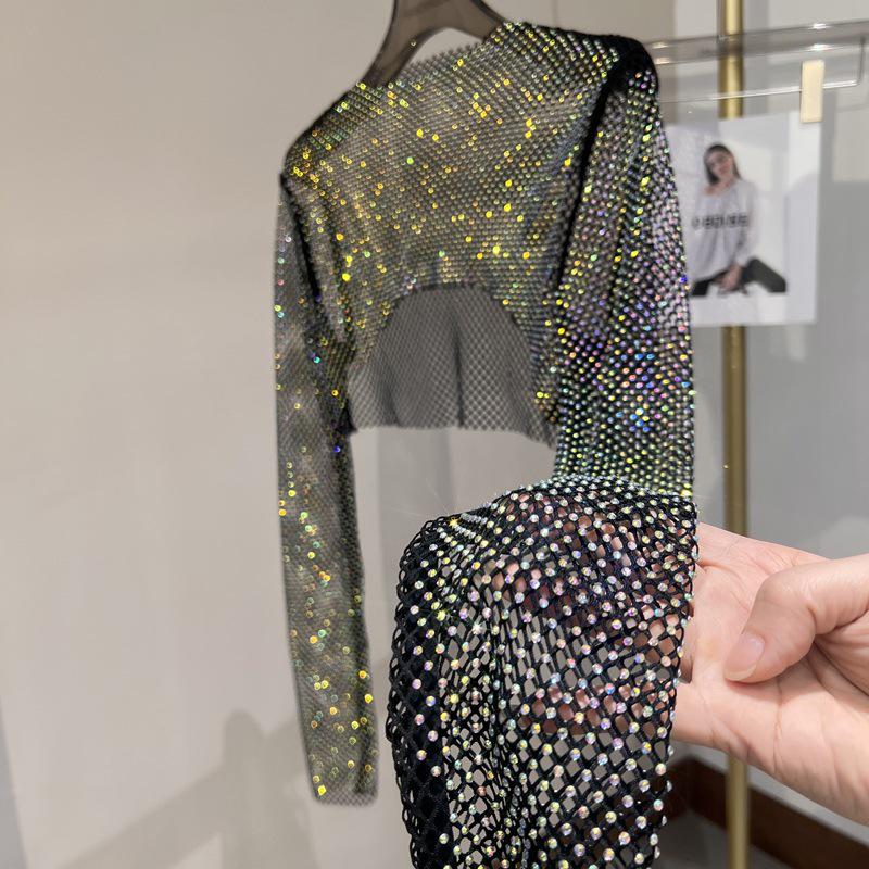 Блестящий сетчатый ромбовидный солнцезащитный топ с длинными рукавами для вечеринки