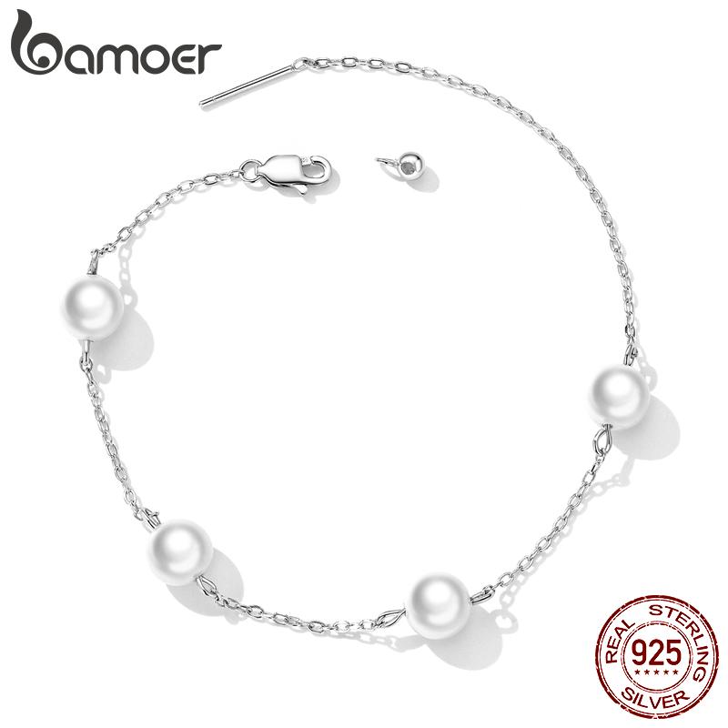 Bamoer 100% 925 Sterling Silver Delicate Shell Pearl Bead Women Bracelet Silver Adjustable Bracelet Fine Jewelry Wedding Gift