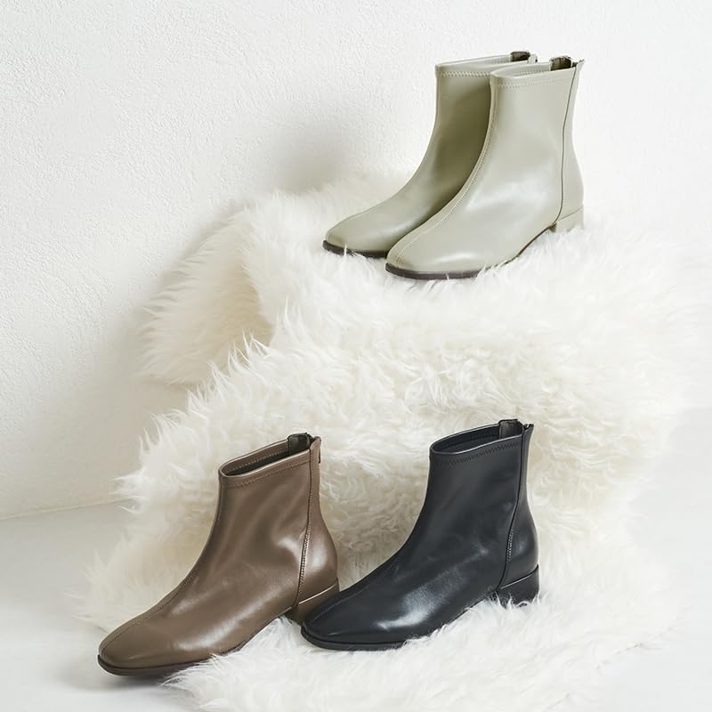 Модные Короткие Эластичные Ботильоны с Красивой Спиной КОРИЧНЕВЫЕ [Oriental Traffic] Ботинки, Ботинки, Ботинки, Мягкие, Амортизирующие, Пушистые, Каблук, Ноги, Молния, Простые,