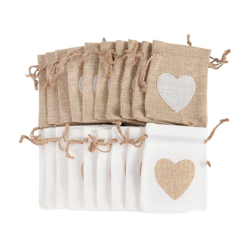 10Pcs Heart Burlap Jute Drawstring Bags Rustic Wedding Decoration Christmas Gift Packing Birthday Party Baby Shower Candy Pouch