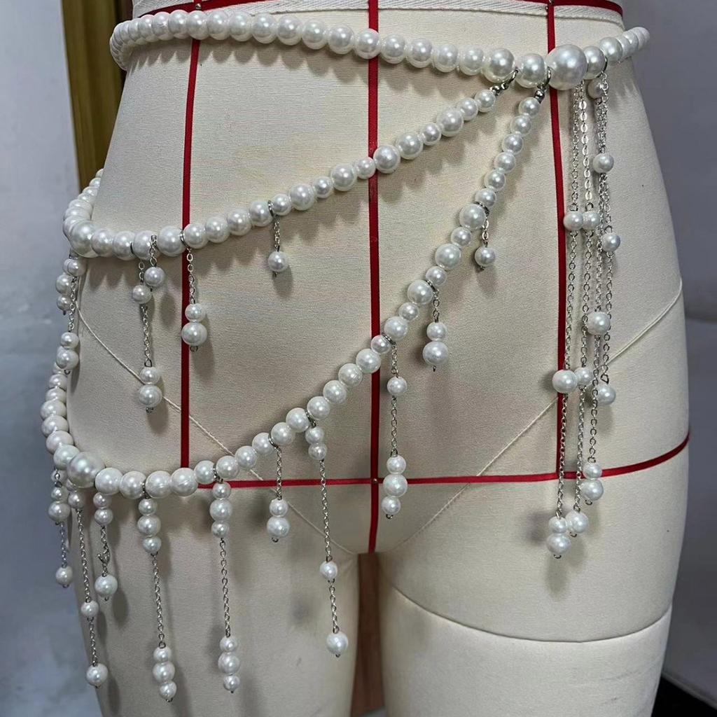 Multilayer Long Imitation Pearls Waist Chain Belt with Tassel Women Elegant Body Chain Accessory for Dresses and Sweater
