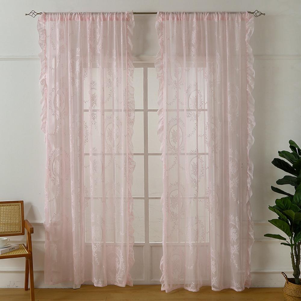 2 Pcs Retro Gauze Curtain Ruffled Edge Voile Curtain Home Decor French Lace Floral Curtain  Bedroom