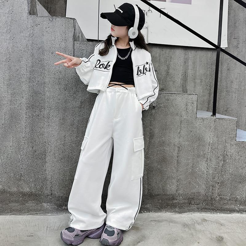 Детский костюм весна-осень, свободный крой, укороченная куртка в корейском стиле, комплект из 2 предметов для девочек