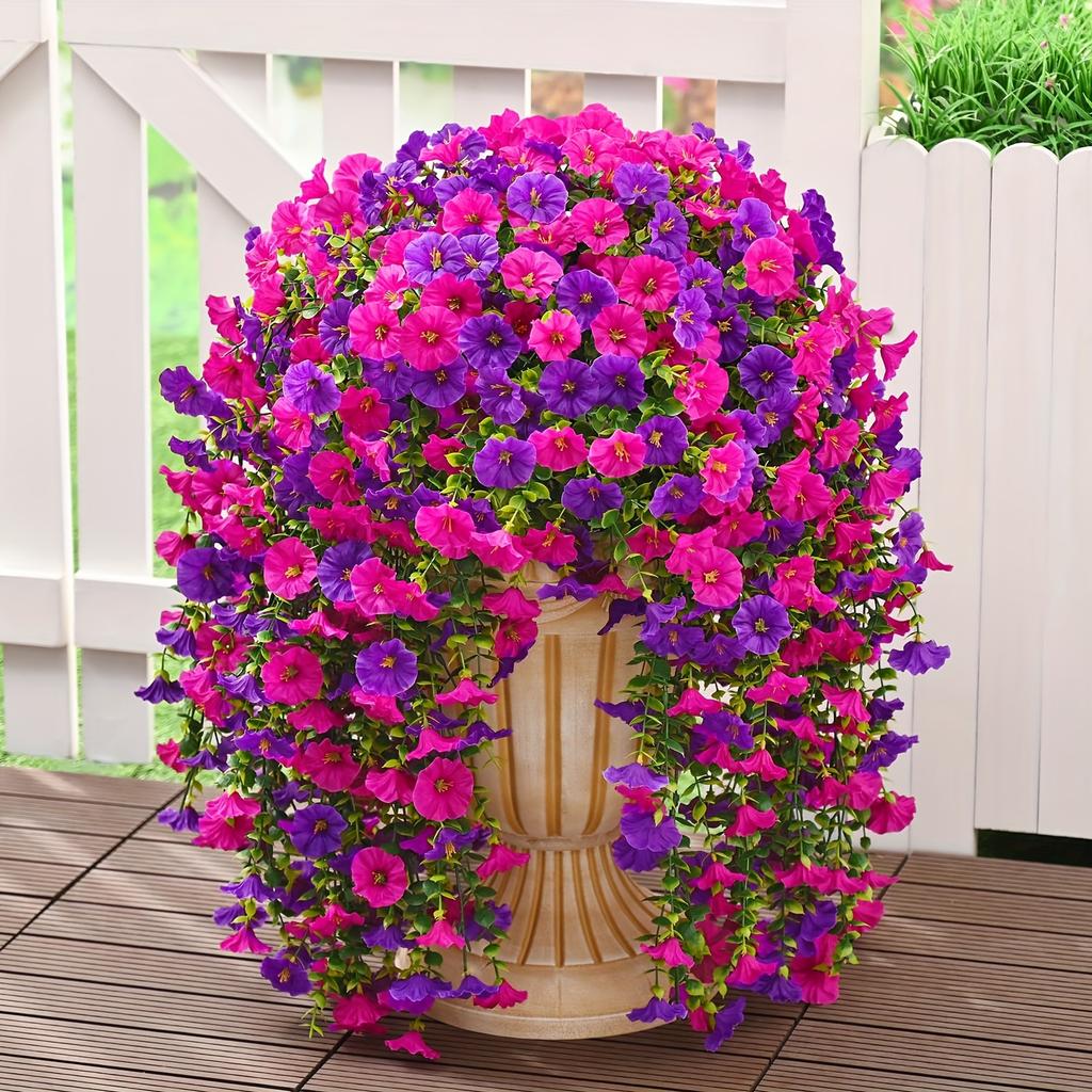 Outdoor Artificial Flowers, Realistic UV-Resistant Hanging Flowers, Trumpet Vine, Purple and Purple Red, for Porch, Patio