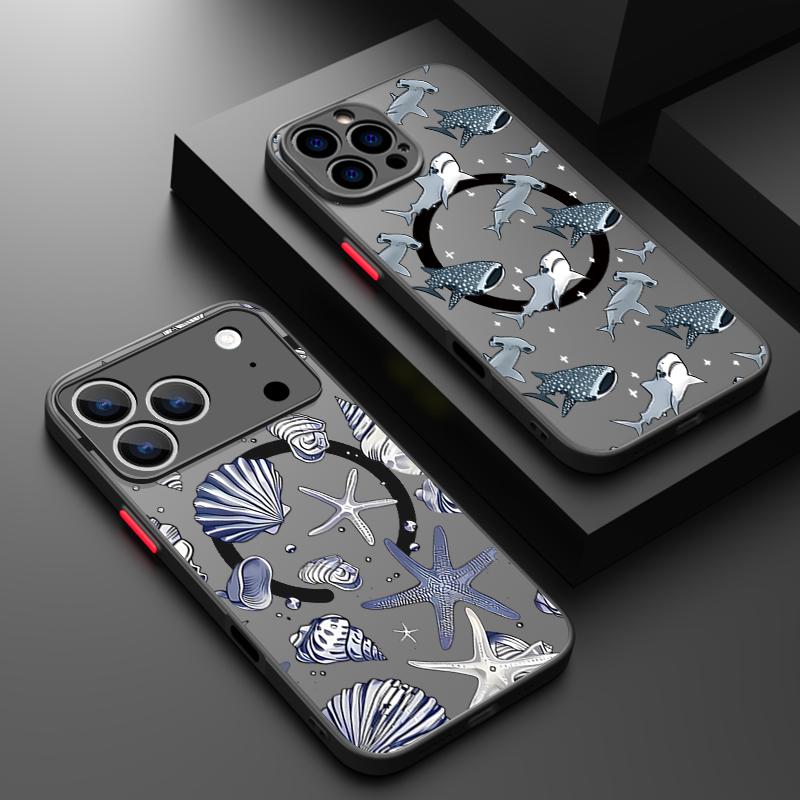 Чехол с рисунком Морская Черепаха, Ракушка, Кит для iPhone 17 Pro Max Магнитный для Magsafe Гибридный ТПУ+ПК Матовая Крышка для iPhone 16 Pro Max 15 14 13 12 11 16E Air