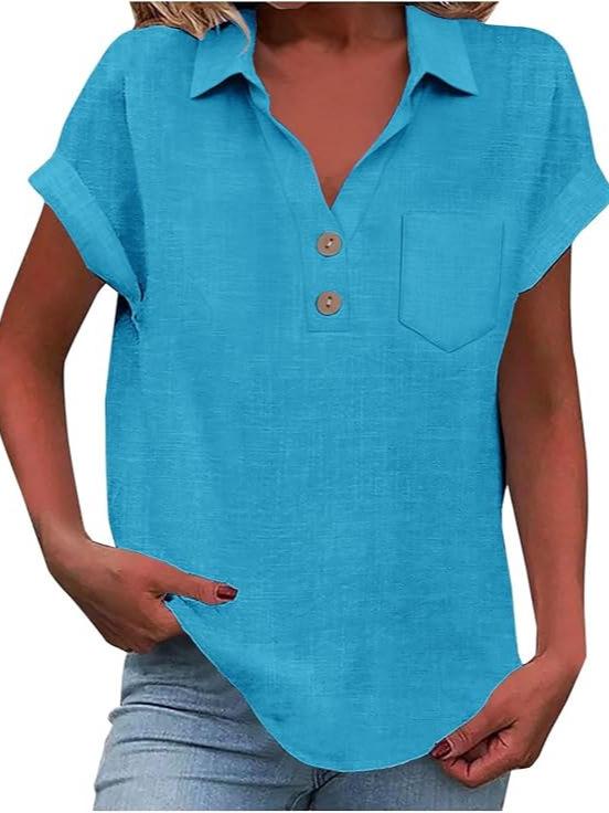 Европейская женская хлопково-льняная рубашка с коротким рукавом, отложным воротником и пуговицами