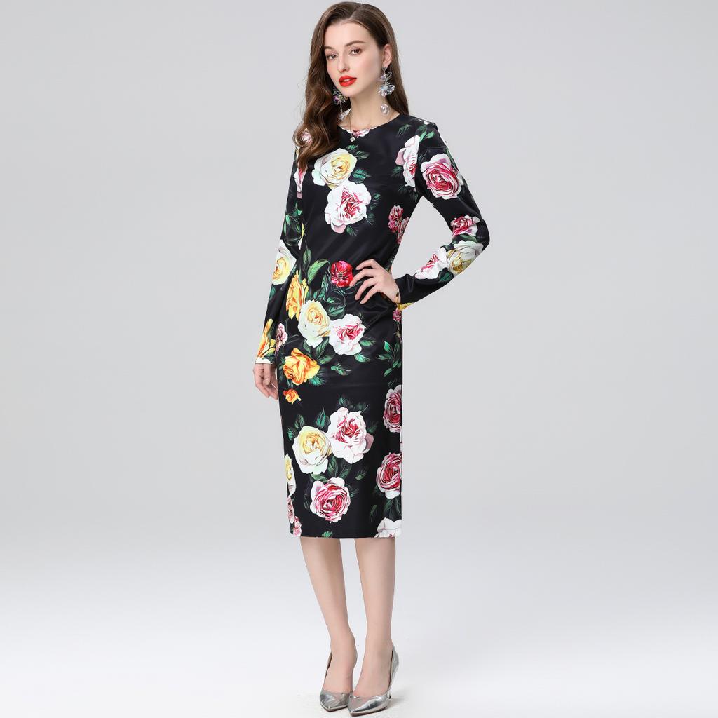 Spring Summer Women Fashion Elegant Full Sleeve Flower Print Slim Bodycon Office Work Pencil Dresses