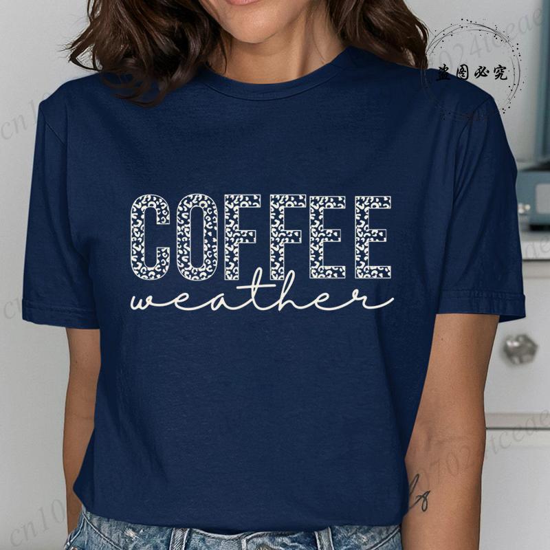 Coffee Weather Retro Letters Tshirt for Women Short Sleeve Round Neck Loose Large Size Casual Top Oversized TShirts Clothing